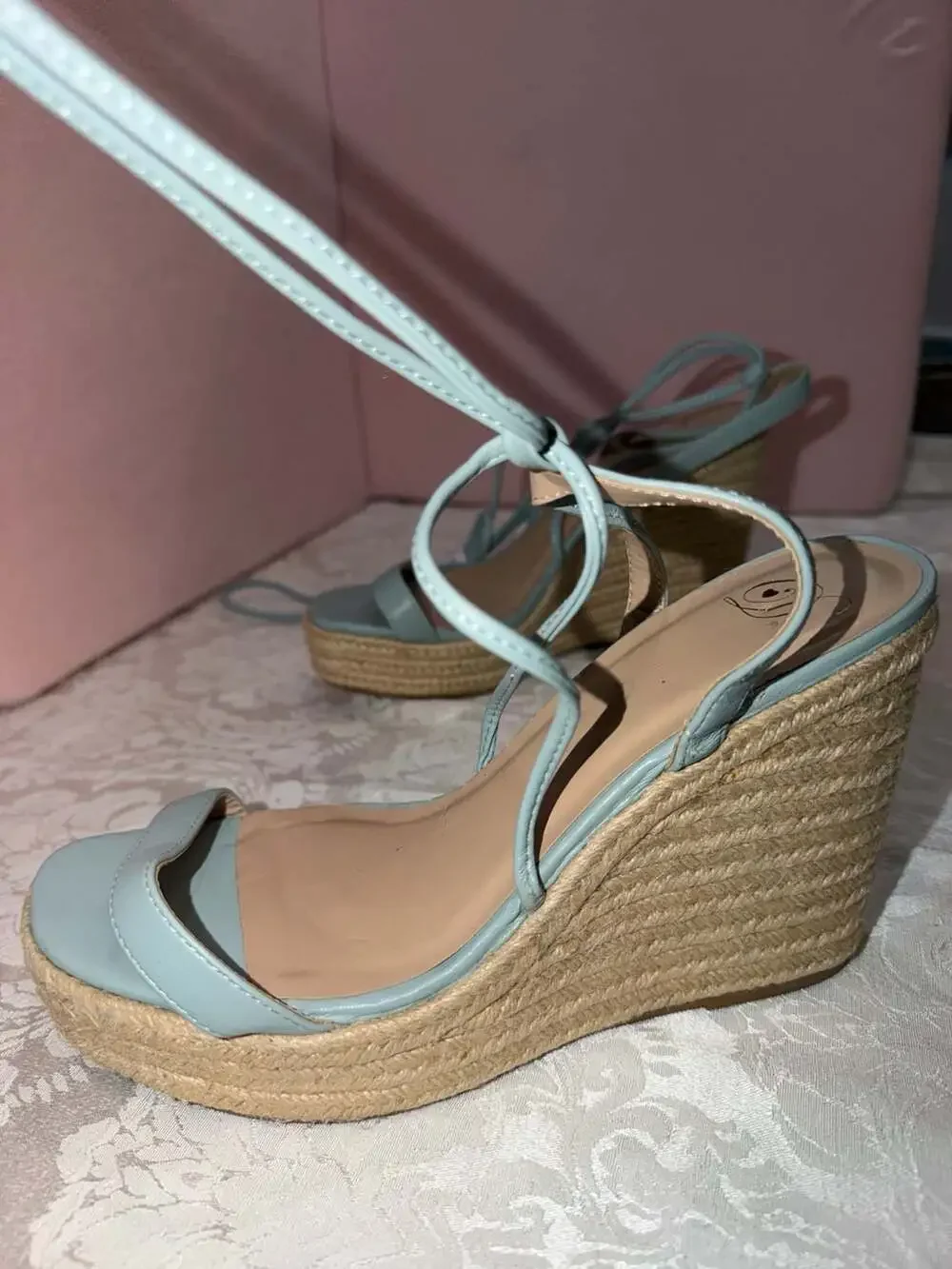 Light Blue Lace-Up Espadrille Platform Wedge Sandals